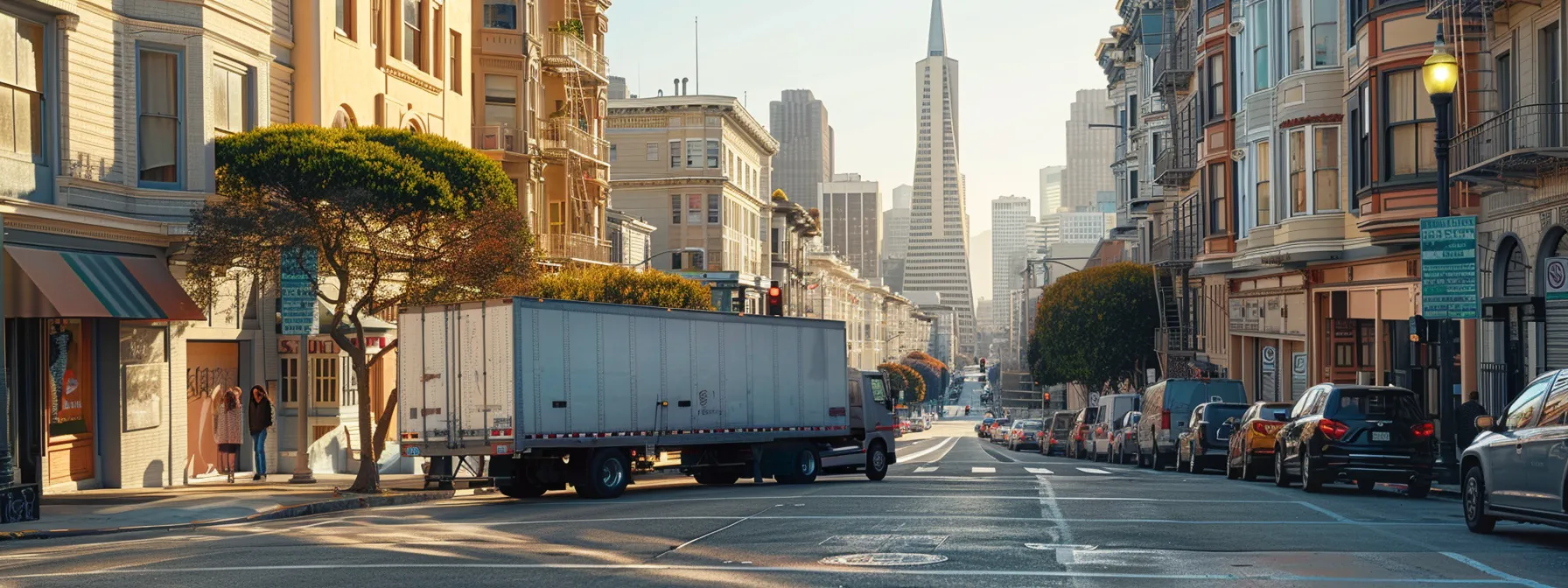 a moving truck parked on a bustling san francisco street with a backdrop of iconic city landmarks visible in the distance. a moving truck parked on a bustling san francisco street with a backdrop of iconic city landmarks visible in the distance.