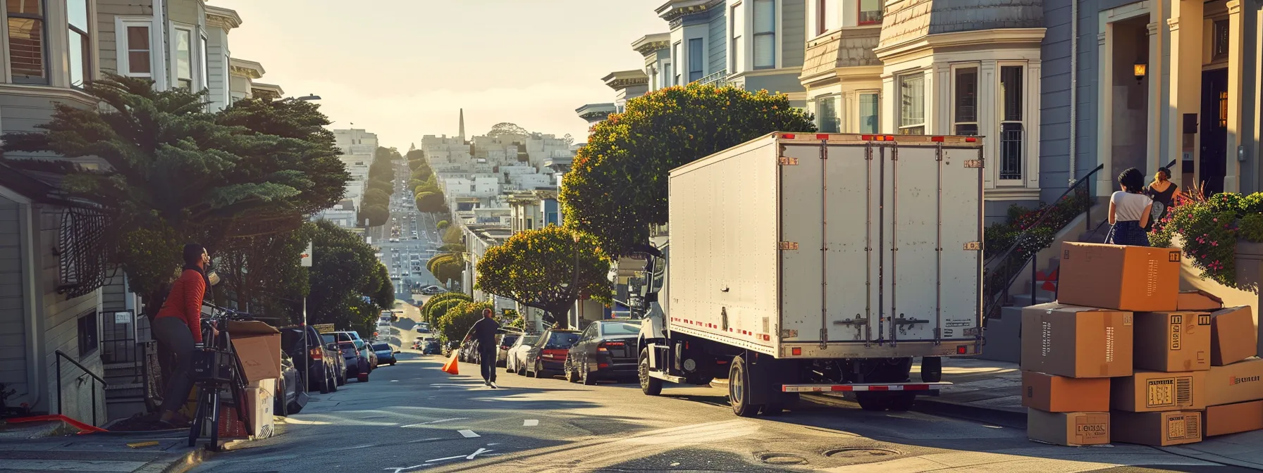 a moving truck parked on a hilly san francisco street, surrounded by moving boxes and a diverse group of movers loading belongings, capturing the bustling yet organized chaos of relocating from the city by the bay. a moving truck parked on a hilly san francisco street, surrounded by moving boxes and a diverse group of movers loading belongings, capturing the bustling yet organized chaos of relocating from the city by the bay.