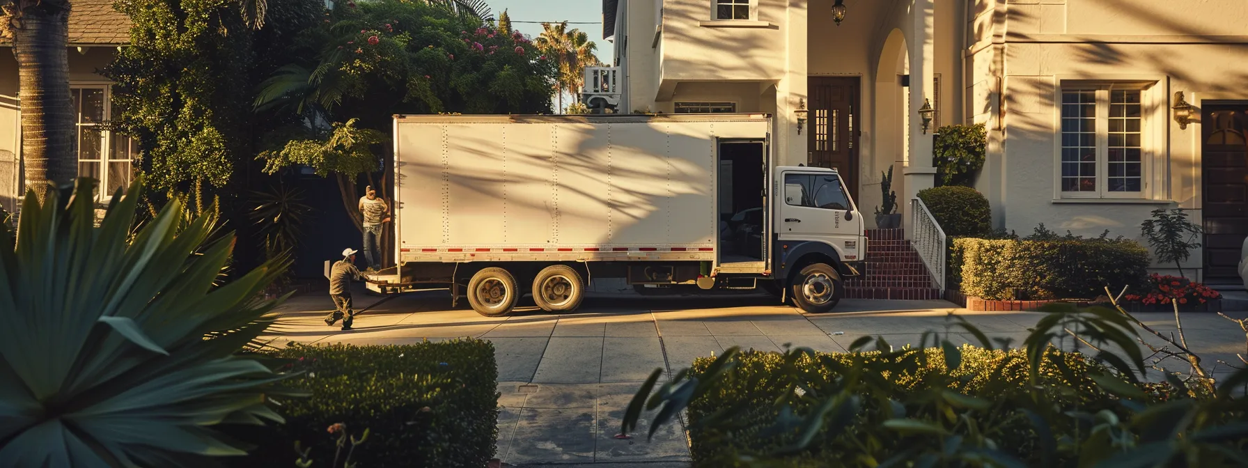 a moving truck parked outside a downtown los angeles home, with movers strategically navigating tight spaces and stairs during the unpacking process.