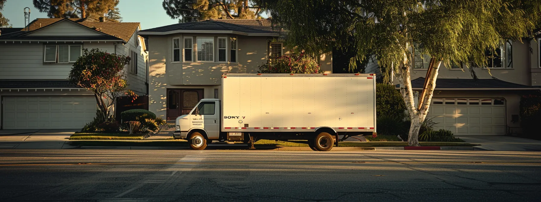 a moving truck parked outside a suburban home in orange county, showcasing a reliable moving company's logo on the side. a moving truck parked outside a suburban home in orange county, showcasing a reliable moving company's logo on the side.