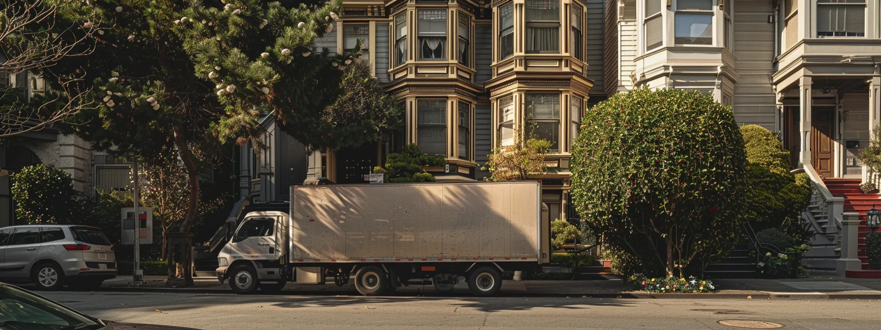 a moving truck parked outside a victorian-style house in san francisco, ready for a cross-country relocation. a moving truck parked outside a victorian-style house in san francisco, ready for a cross-country relocation.