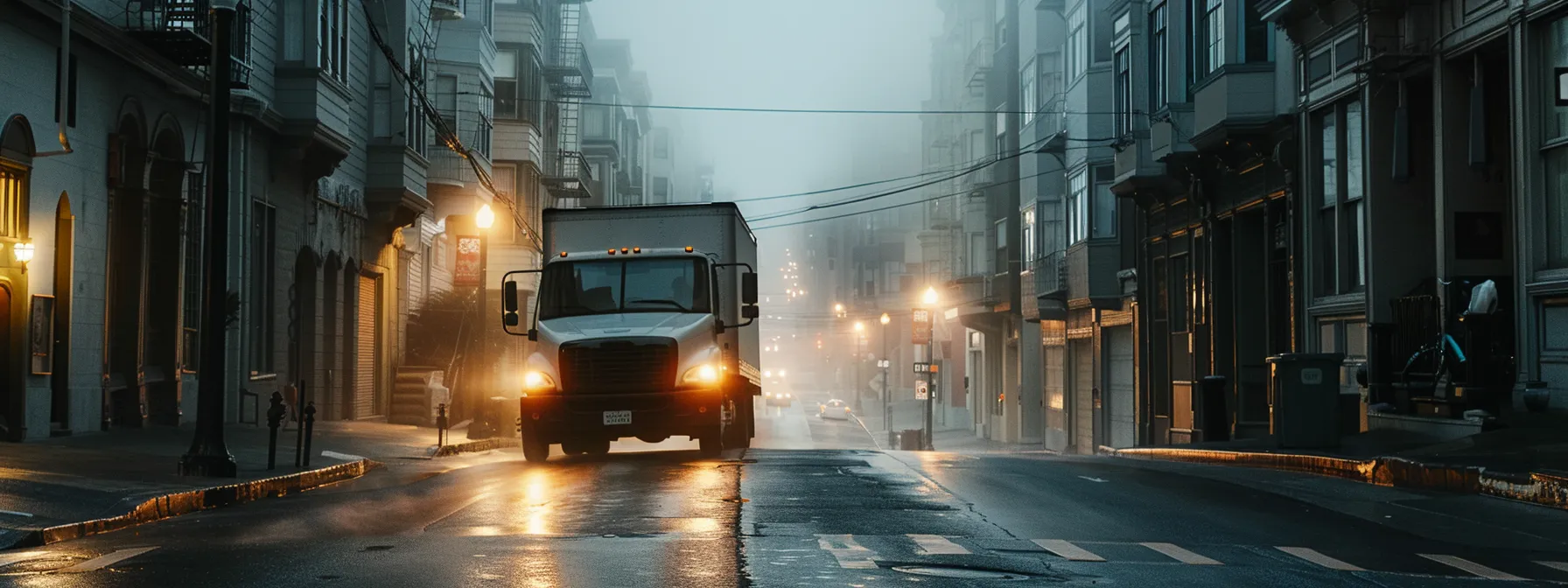 a moving truck slowly descending a steep, narrow street in san francisco under a thick layer of fog, highlighting the city's unique challenges.