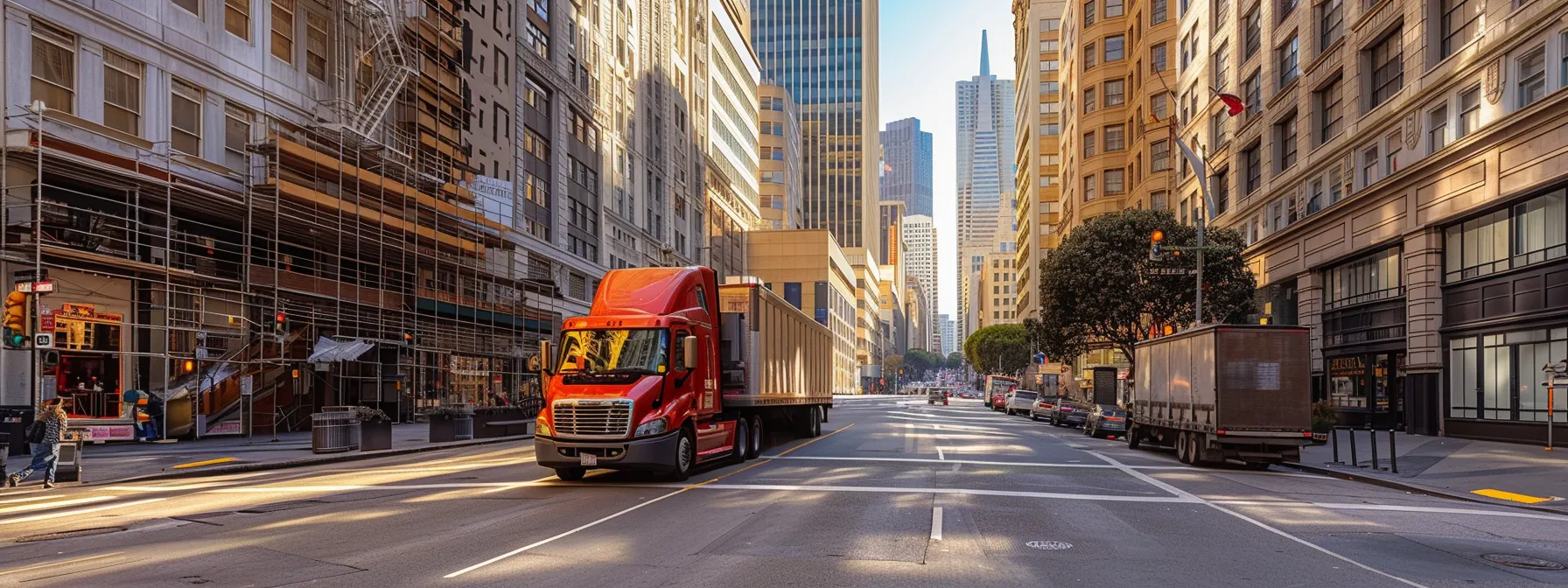 a moving truck winding its way through the bustling streets of downtown san francisco, surrounded by towering skyscrapers and iconic landmarks. a moving truck winding its way through the bustling streets of downtown san francisco, surrounded by towering skyscrapers and iconic landmarks.