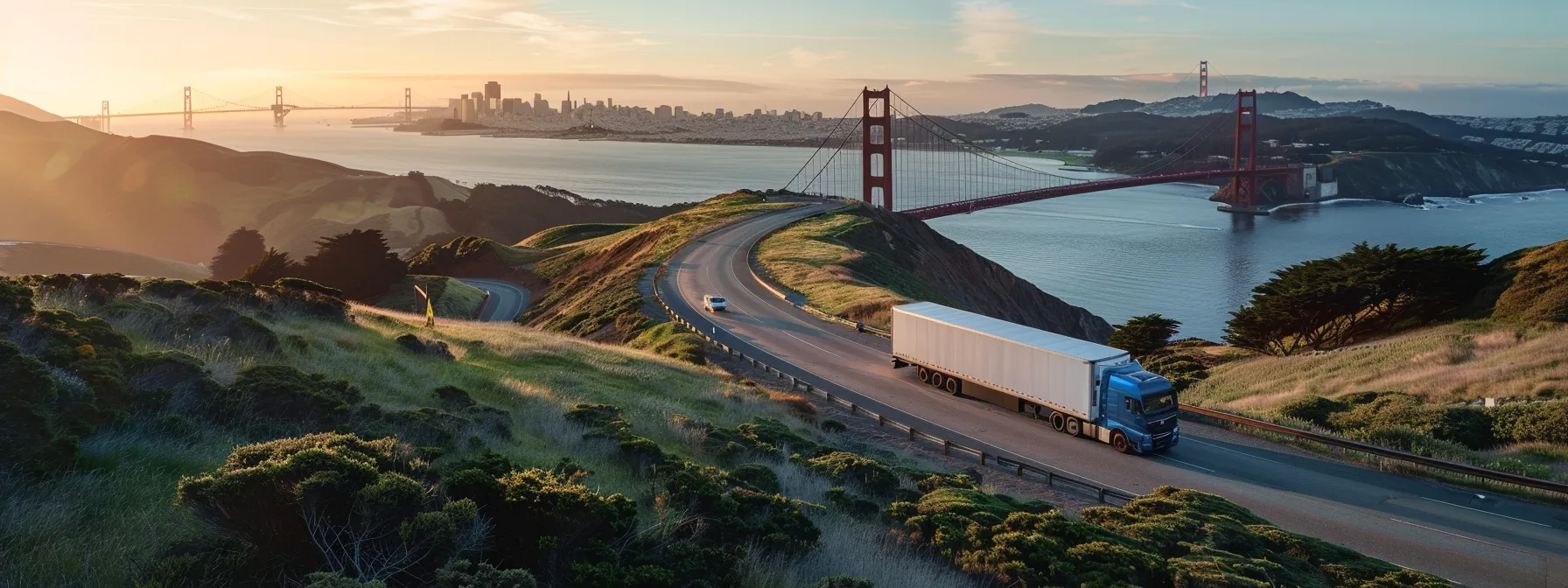 a moving truck winding through the hills of san francisco with the iconic golden gate bridge in the background. a moving truck winding through the hills of san francisco with the iconic golden gate bridge in the background.