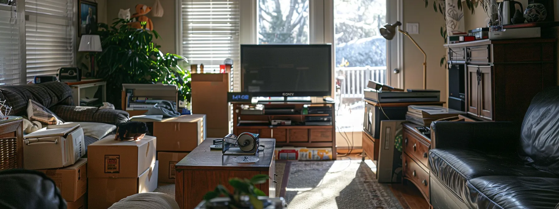 a neatly organized and decluttered living room with labeled boxes of belongings ready for an interstate move. a neatly organized and decluttered living room with labeled boxes of belongings ready for an interstate move.