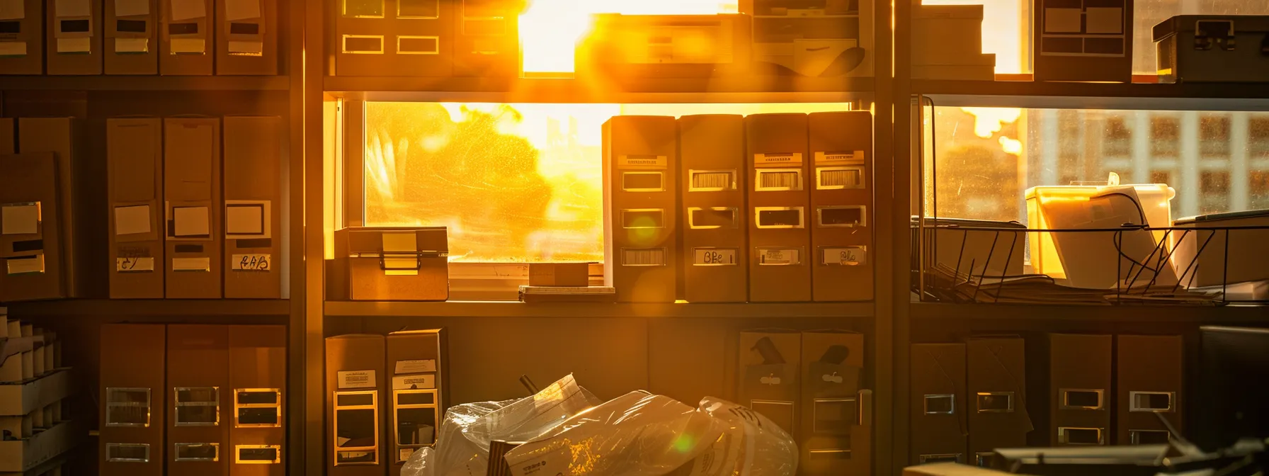 a neatly organized desk with labeled folders, storage boxes, and a donation pile, illuminated by the golden light of a san francisco sunset. a neatly organized desk with labeled folders, storage boxes, and a donation pile, illuminated by the golden light of a san francisco sunset.