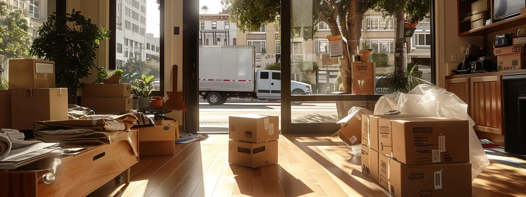 a neatly organized living room with labeled boxes, bubble wrap, and a moving truck parked outside, ready for a seamless transition in the bustling streets of downtown san francisco. a neatly organized living room with labeled boxes, bubble wrap, and a moving truck parked outside, ready for a seamless transition in the bustling streets of downtown san francisco.