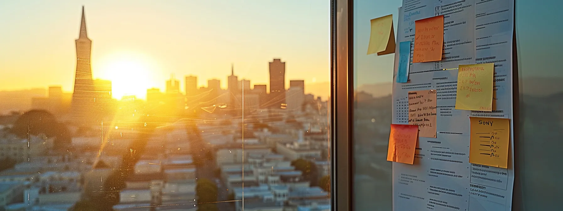 a neatly organized moving checklist pinned on a wall with views of the iconic san francisco skyline in the background. a neatly organized moving checklist pinned on a wall with views of the iconic san francisco skyline in the background.