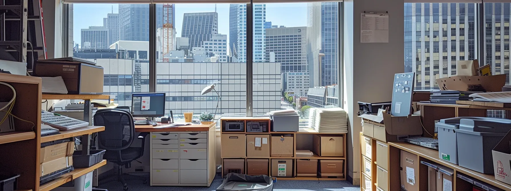 a neatly organized office space with labeled electronics, furniture being disassembled, and confidential files securely stored, all set against the backdrop of downtown san francisco.