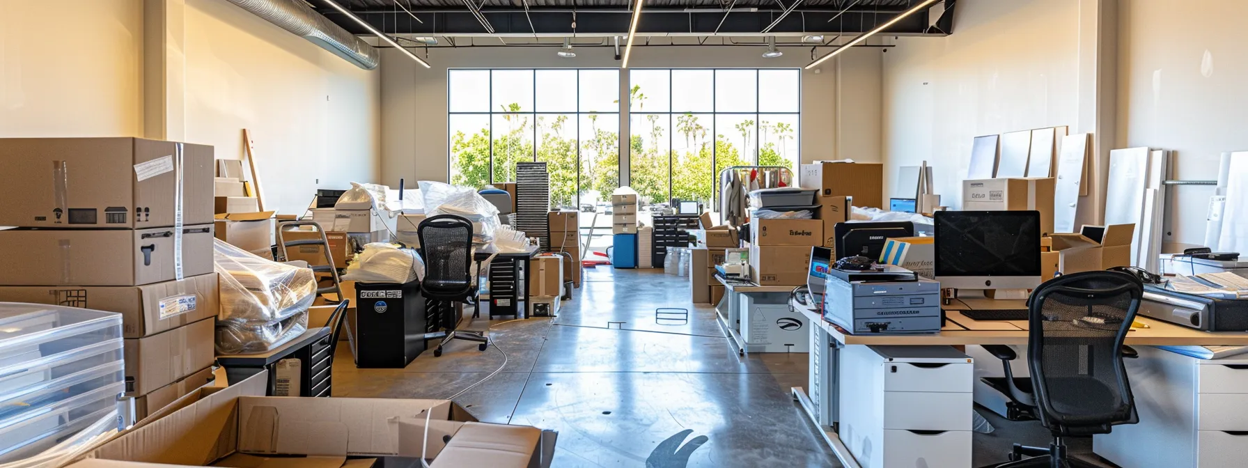 a neatly organized office space in irvine, california, with labeled electronics and dismantled furniture ready for a smooth move. a neatly organized office space in irvine, california, with labeled electronics and dismantled furniture ready for a smooth move.