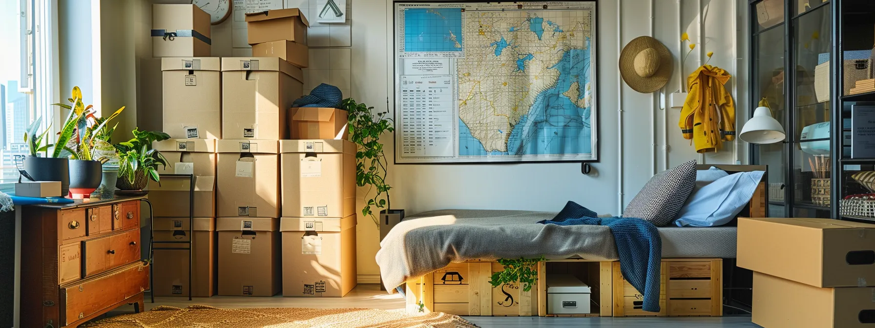 a neatly organized room with clearly labeled boxes, a detailed moving schedule on a wall calendar, and a map of san francisco highlighting downtown area coordinates, showcasing a meticulous preparation for a smooth moving experience. a neatly organized room with clearly labeled boxes, a detailed moving schedule on a wall calendar, and a map of san francisco highlighting downtown area coordinates, showcasing a meticulous preparation for a smooth moving experience.