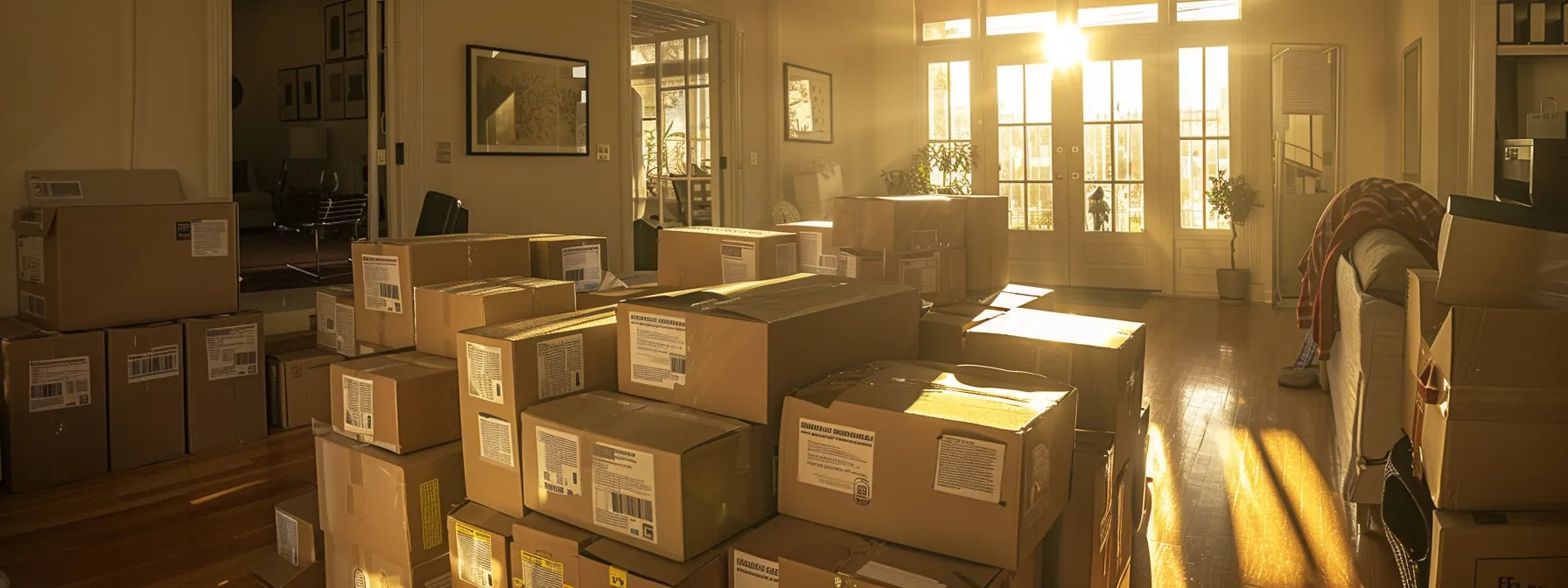 a neatly organized stack of labeled moving boxes in a bright san francisco apartment, ready for an interstate move. a neatly organized stack of labeled moving boxes in a bright san francisco apartment, ready for an interstate move.