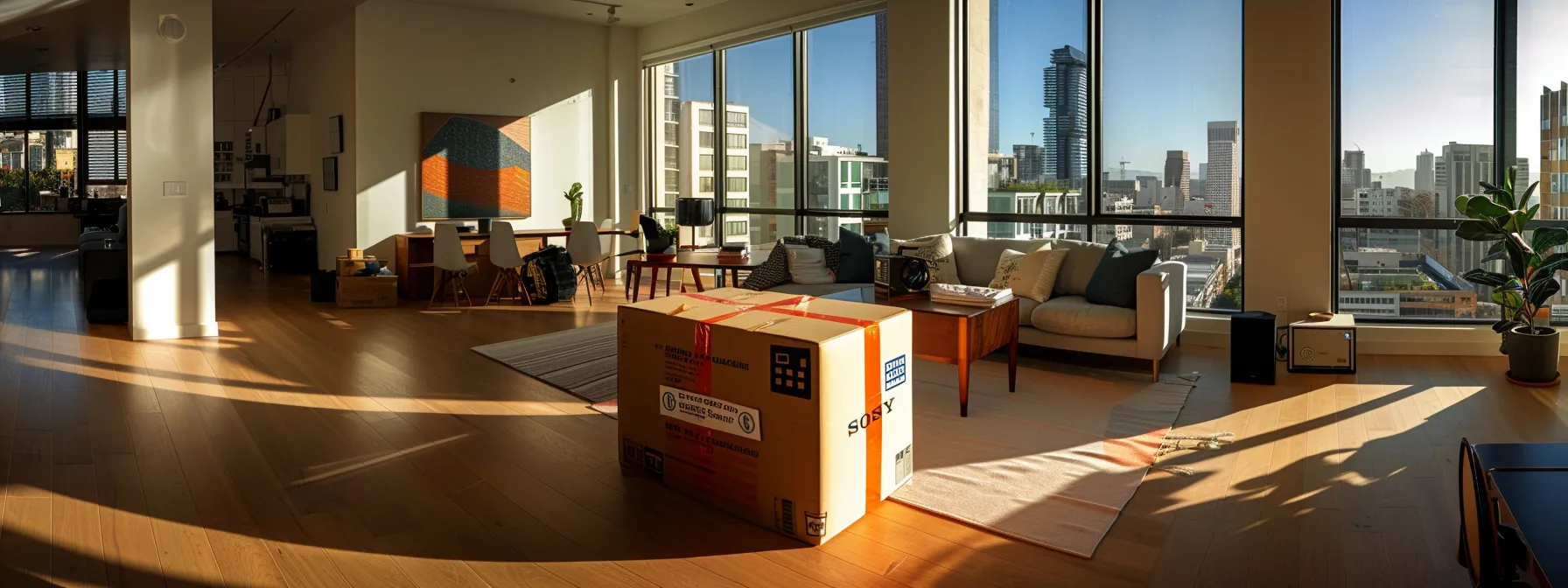 a neatly packed moving box labeled clearly with high-quality materials in a spacious san francisco apartment, ready for stress-free relocation.