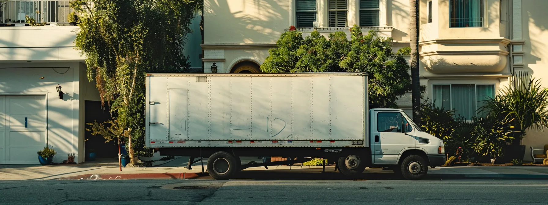 a neatly packed moving truck parked on a serene street in los angeles, ready for a stress-free move.