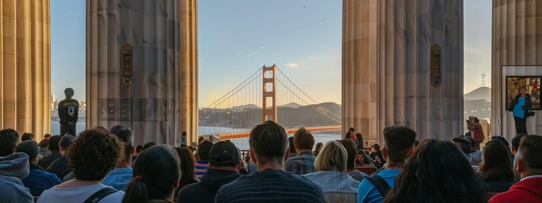 a newcomer in san francisco updating their address at city hall, surrounded by a diverse group of residents at a neighborhood gathering, with the iconic golden gate bridge visible in the background. a newcomer in san francisco updating their address at city hall, surrounded by a diverse group of residents at a neighborhood gathering, with the iconic golden gate bridge visible in the background.
