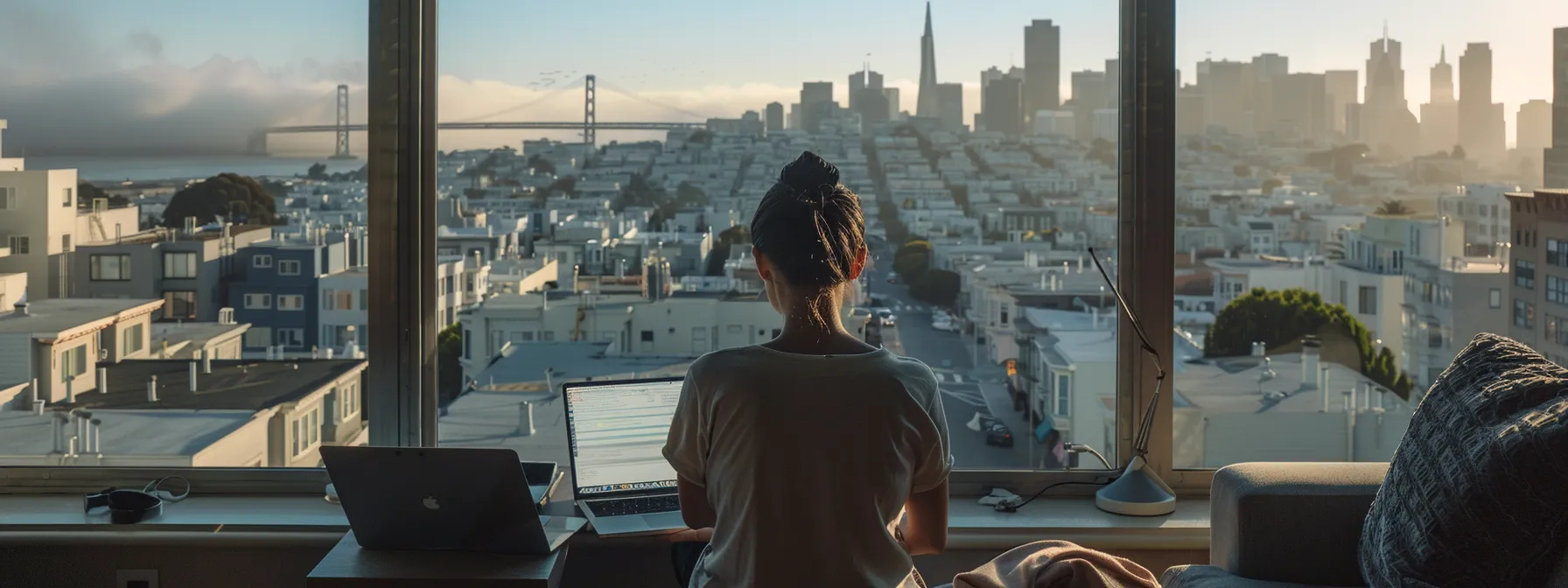 a person carefully calculating moving permit fees and residential service charges with a view of downtown san francisco in the background. a person carefully calculating moving permit fees and residential service charges with a view of downtown san francisco in the background.