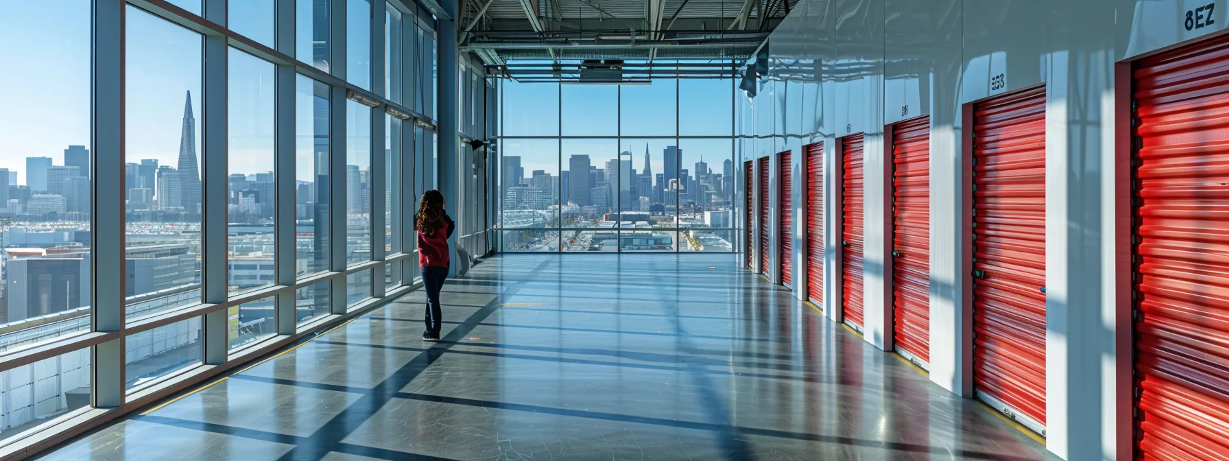 a person carefully comparing different storage unit sizes in a modern facility with large windows overlooking the bustling streets of downtown san francisco. a person carefully comparing different storage unit sizes in a modern facility with large windows overlooking the bustling streets of downtown san francisco.