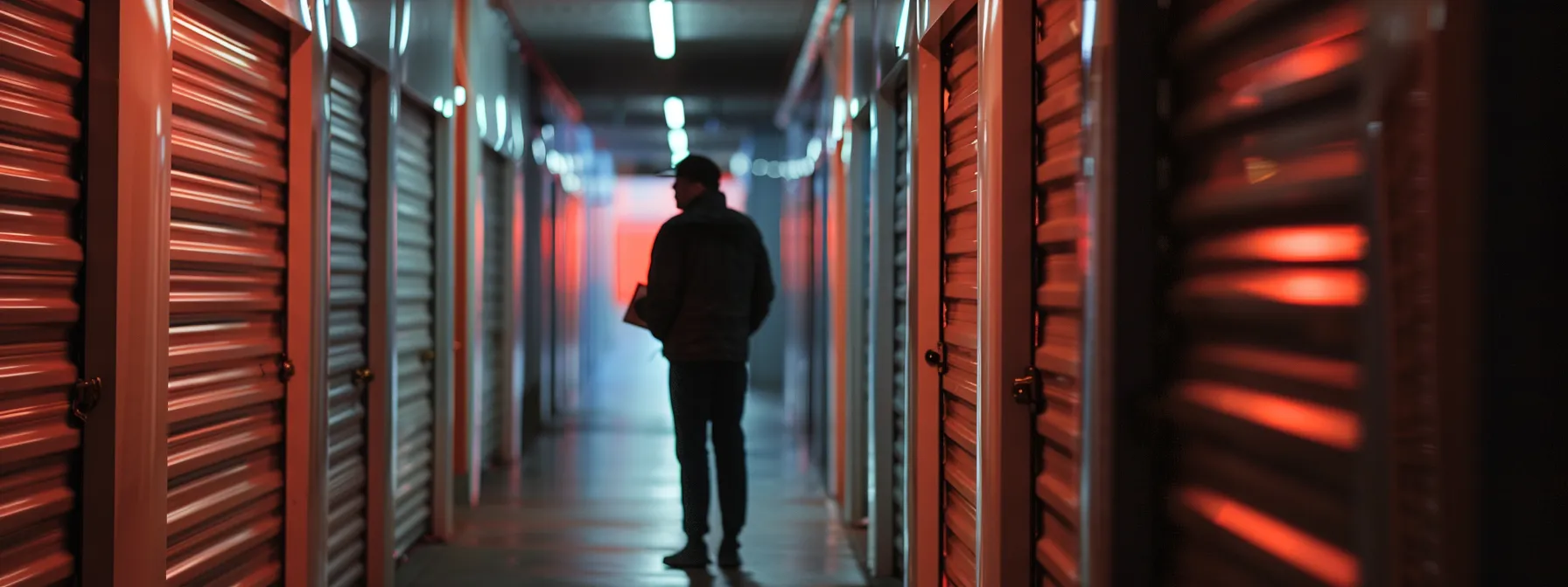 a person carefully inspecting a well-lit and secure storage unit in downtown san francisco. a person carefully inspecting a well-lit and secure storage unit in downtown san francisco.