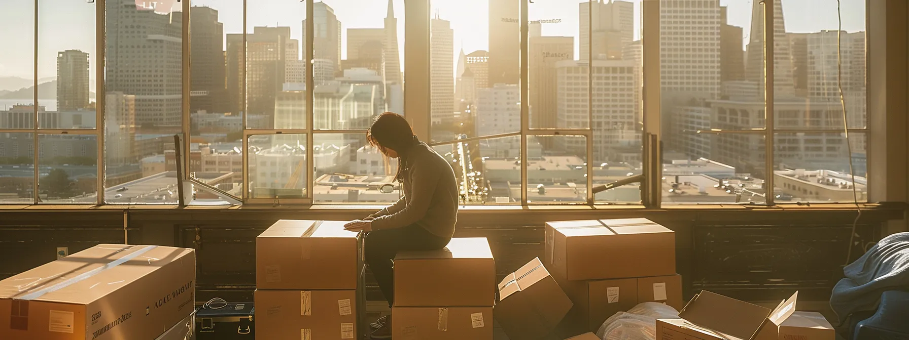 a person carefully labeling moving boxes in a sunlit room overlooking the iconic skyline of downtown san francisco. a person carefully labeling moving boxes in a sunlit room overlooking the iconic skyline of downtown san francisco.