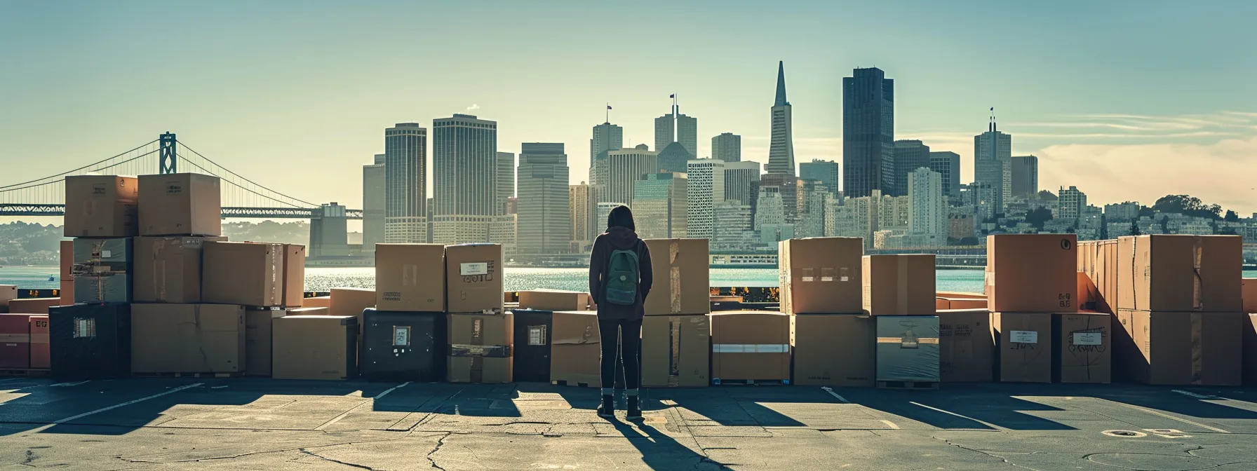 a person carefully packing personal belongings in front of the iconic san francisco skyline, surrounded by neatly stacked boxes ready for moving day, showcasing cost-saving strategies for a move in the city.