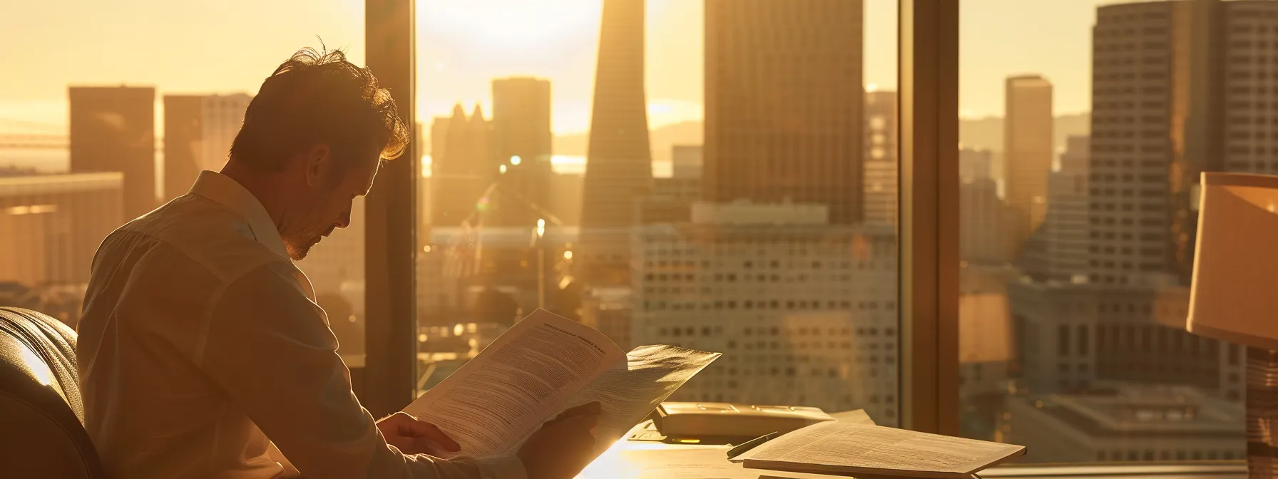 a person carefully reading a detailed moving contract in a sunlit room with a view overlooking the iconic skyline of downtown san francisco.
