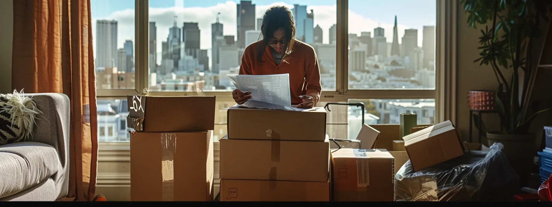 a person carefully reviewing a detailed checklist for moving day, surrounded by moving boxes and packing supplies, with the iconic san francisco skyline visible through a window in the background.