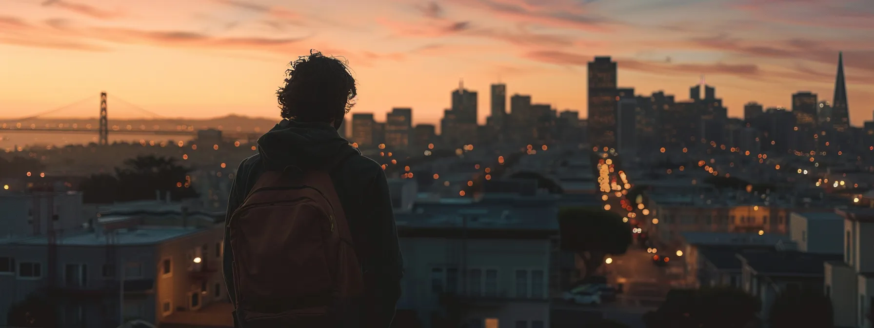 a person confidently booking a trustworthy moving company in san francisco with a serene sunset backdrop overlooking the city skyline.