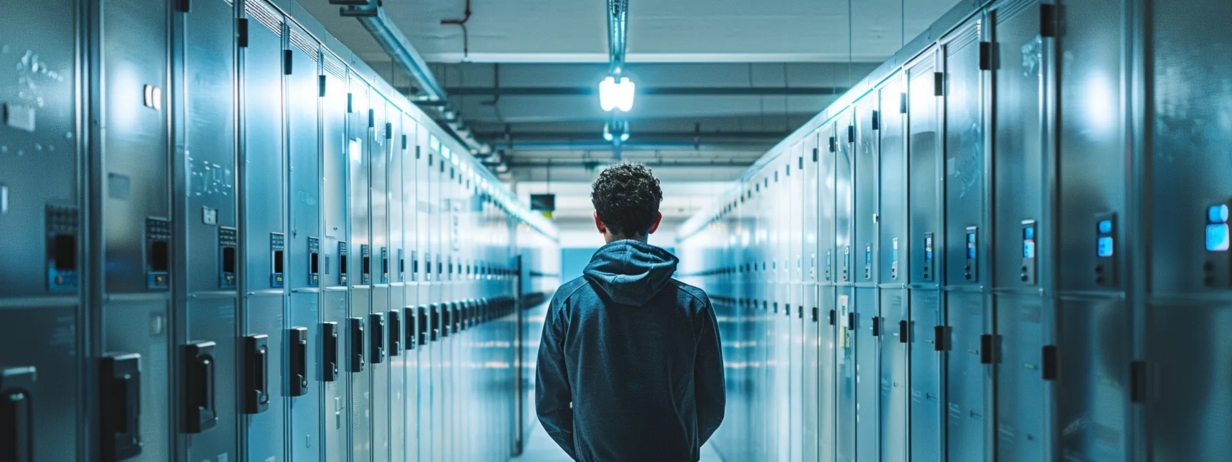 a person examining rows of sturdy lockers in a modern storage facility, illuminated by bright overhead lighting, with security cameras visible in the background. a person examining rows of sturdy lockers in a modern storage facility, illuminated by bright overhead lighting, with security cameras visible in the background.