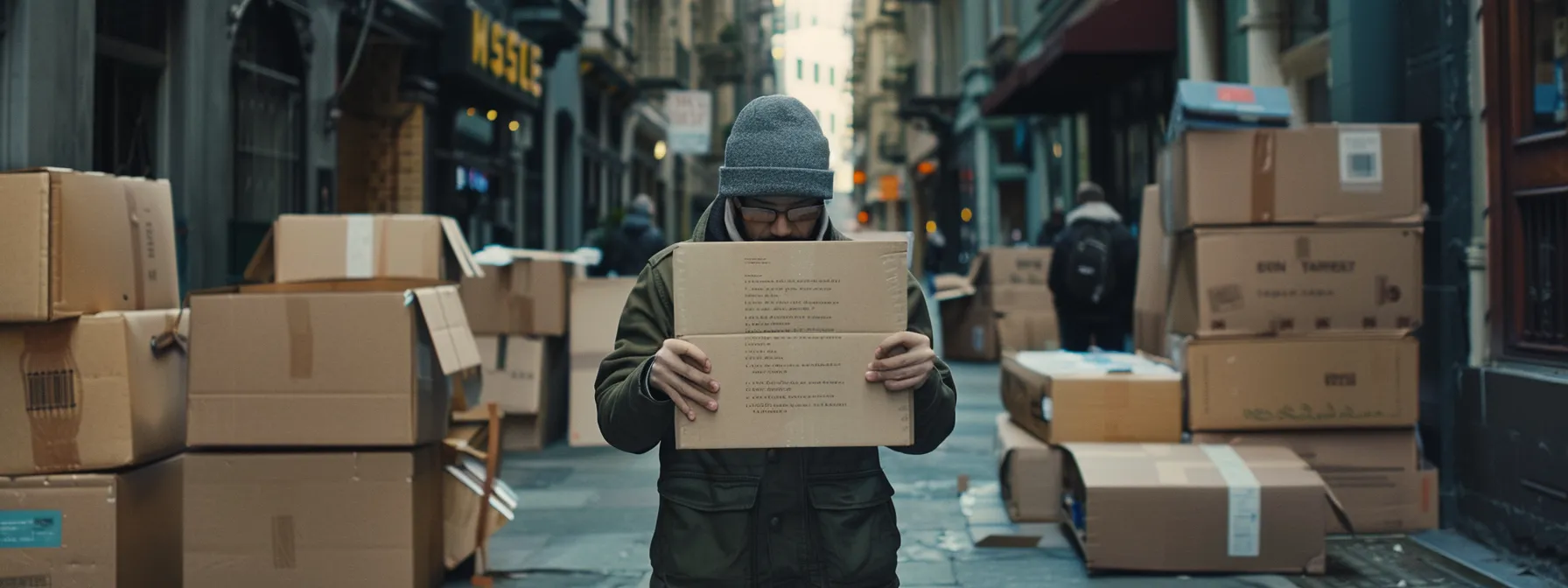 a person holding a detailed written quote surrounded by moving boxes in downtown san francisco. a person holding a detailed written quote surrounded by moving boxes in downtown san francisco.