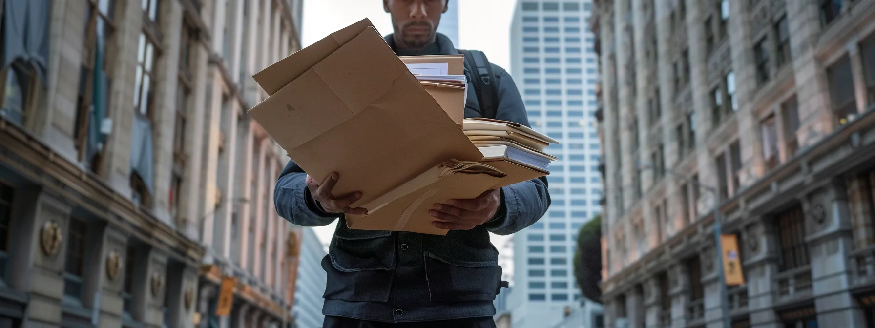 a person in front of a city hall office building, holding a stack of documents and packing supplies, while filling out a moving permit application form with the downtown san francisco skyline in the background. a person in front of a city hall office building, holding a stack of documents and packing supplies, while filling out a moving permit application form with the downtown san francisco skyline in the background.