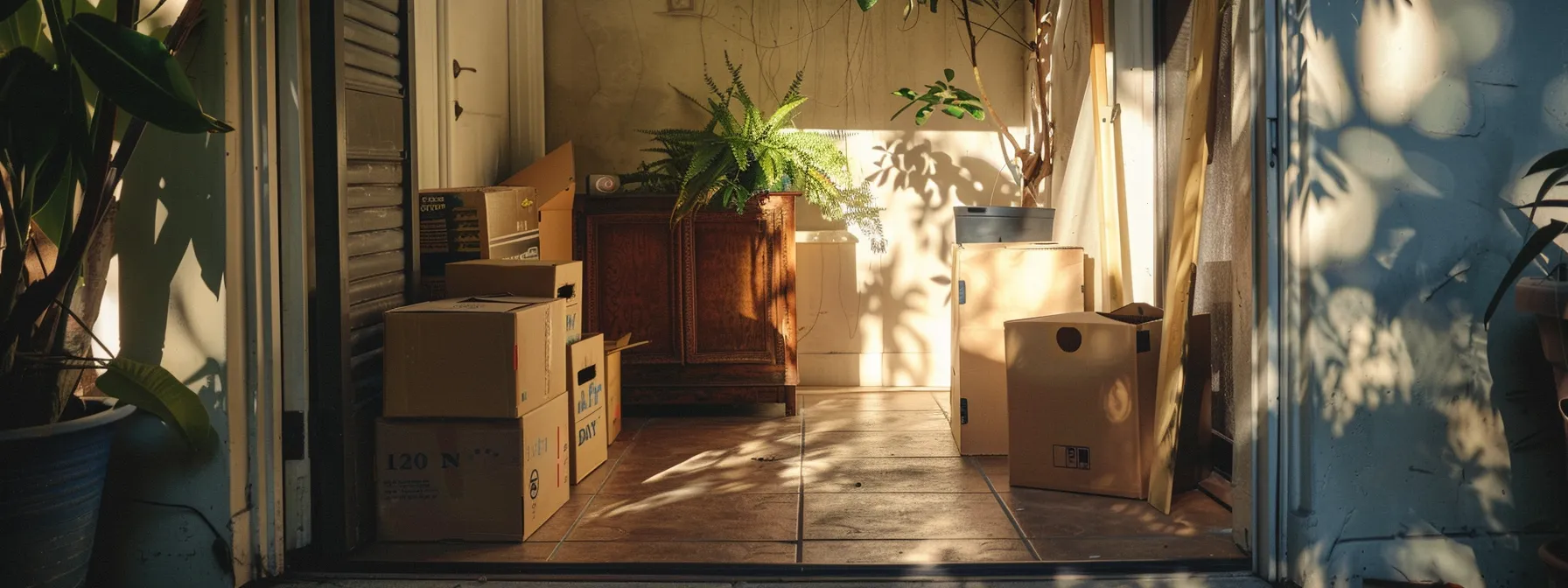 a person in irvine, ca renting reusable moving boxes and containers, surrounded by biodegradable packing materials, decluttering their space before the move to promote sustainable practices.