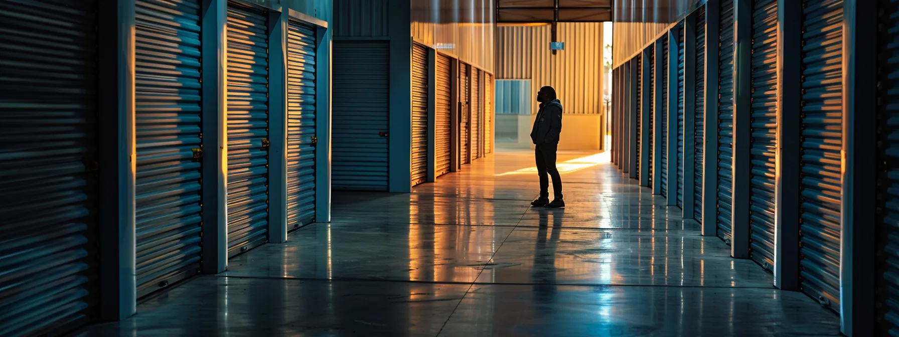 a person inspecting a well-lit, secure storage facility in irvine, ca, evaluating access policies and asking questions during a tour. a person inspecting a well-lit, secure storage facility in irvine, ca, evaluating access policies and asking questions during a tour.