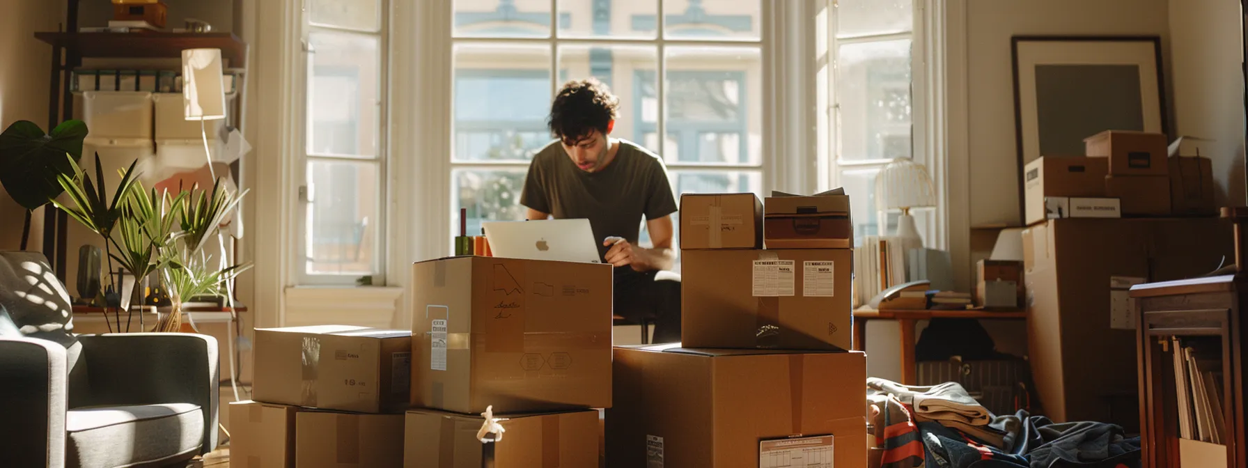 a person meticulously checking off items on a detailed moving checklist surrounded by moving boxes and packing supplies in a bright, sunny room in downtown san francisco. a person meticulously checking off items on a detailed moving checklist surrounded by moving boxes and packing supplies in a bright, sunny room in downtown san francisco.