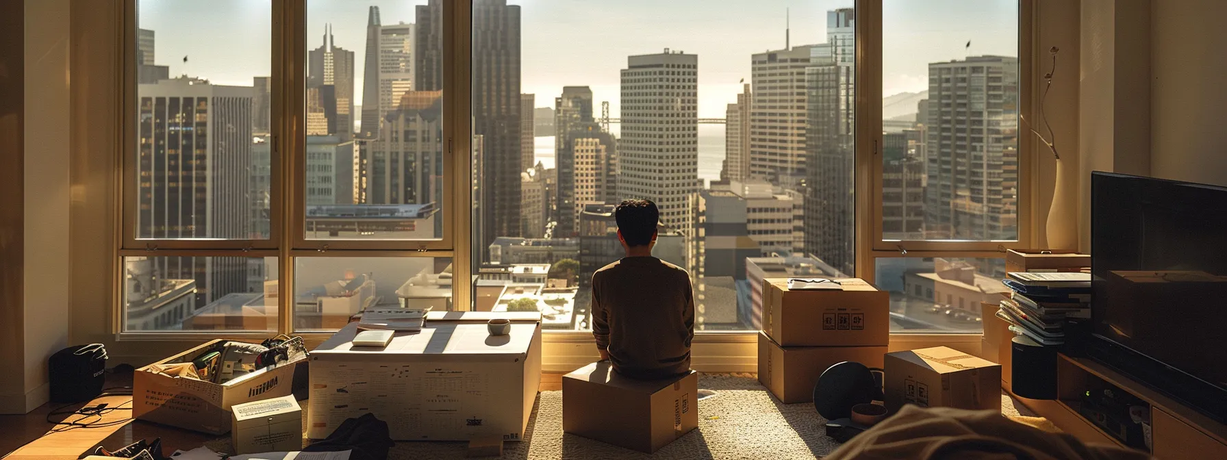 a person organizing paperwork and unpacking boxes in a modern san francisco apartment with a view of the city skyline in the background.