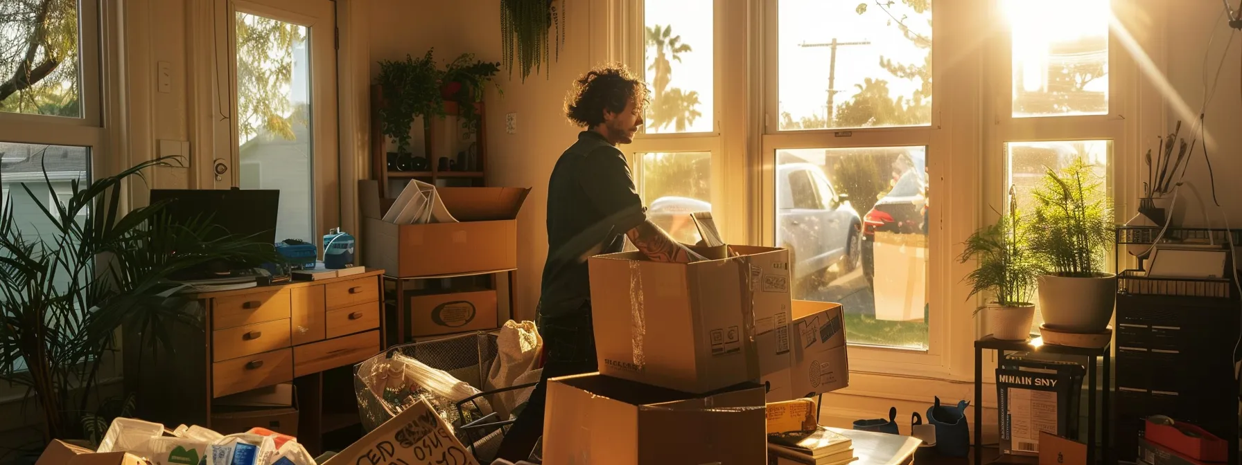 a person packing reusable biodegradable supplies into moving boxes in a sunlit room, with a stack of donated items ready for collection in the background.