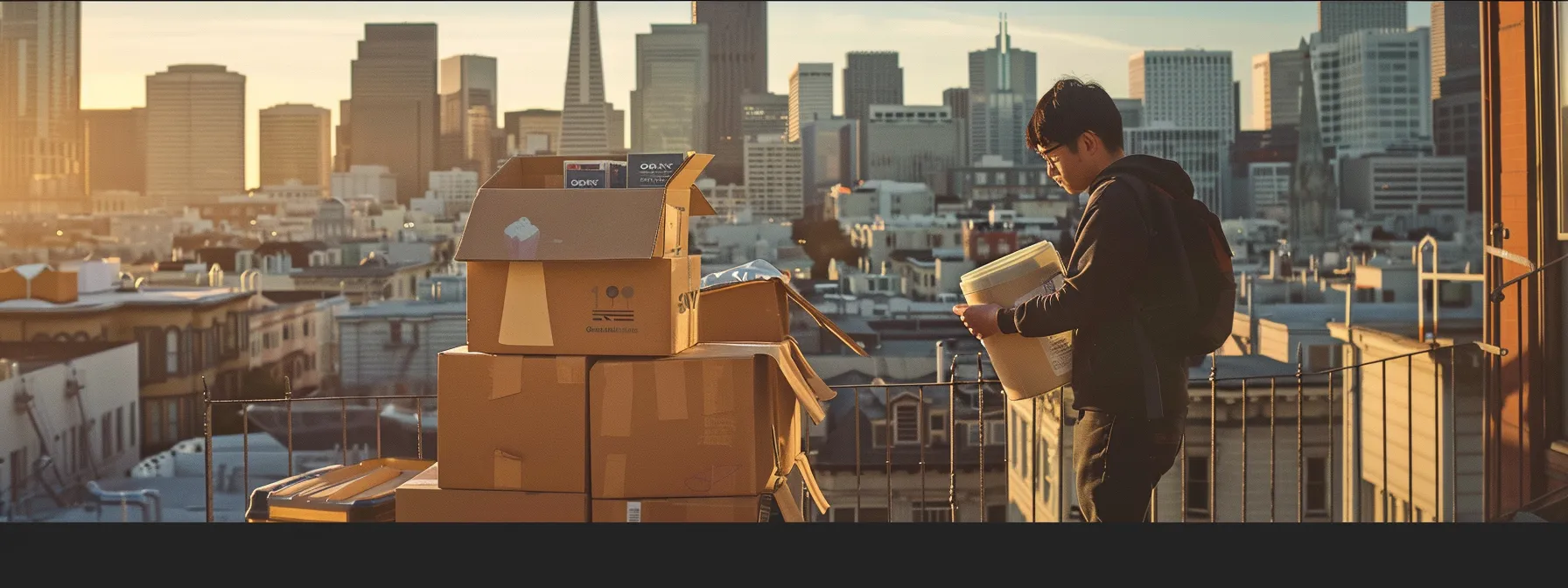 a person packing reusable containers and biodegradable materials against the backdrop of san francisco's downtown skyline, showcasing a sustainable approach to moving. a person packing reusable containers and biodegradable materials against the backdrop of san francisco's downtown skyline, showcasing a sustainable approach to moving.