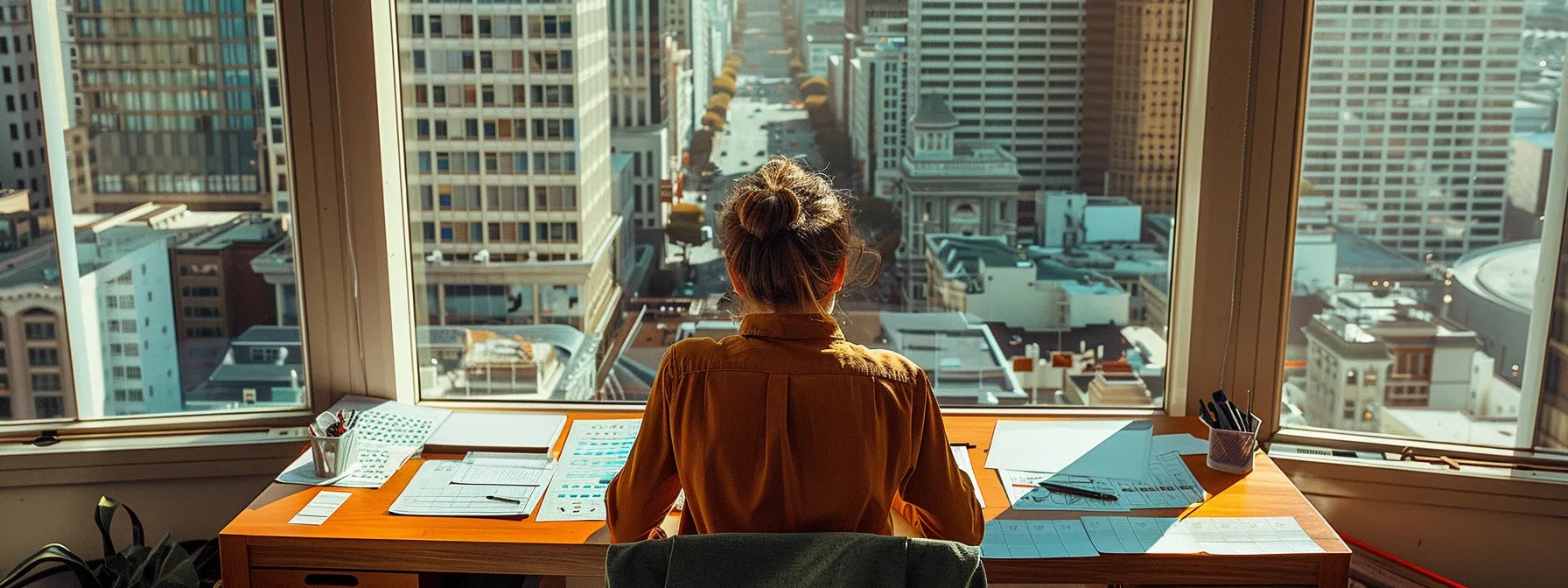 a person sitting at a neatly organized desk with a personalized moving checklist, calendar, and budget spreadsheet in front, overlooking the bustling streets of downtown san francisco.
