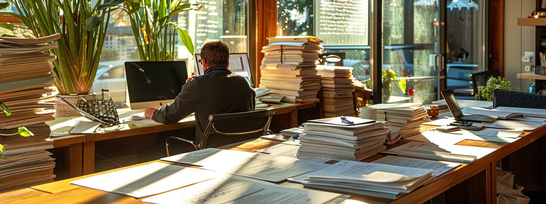 a person sitting at a desk in a modern office in downtown san francisco, surrounded by papers and laptops, carefully comparing detailed written moving estimates from different companies.