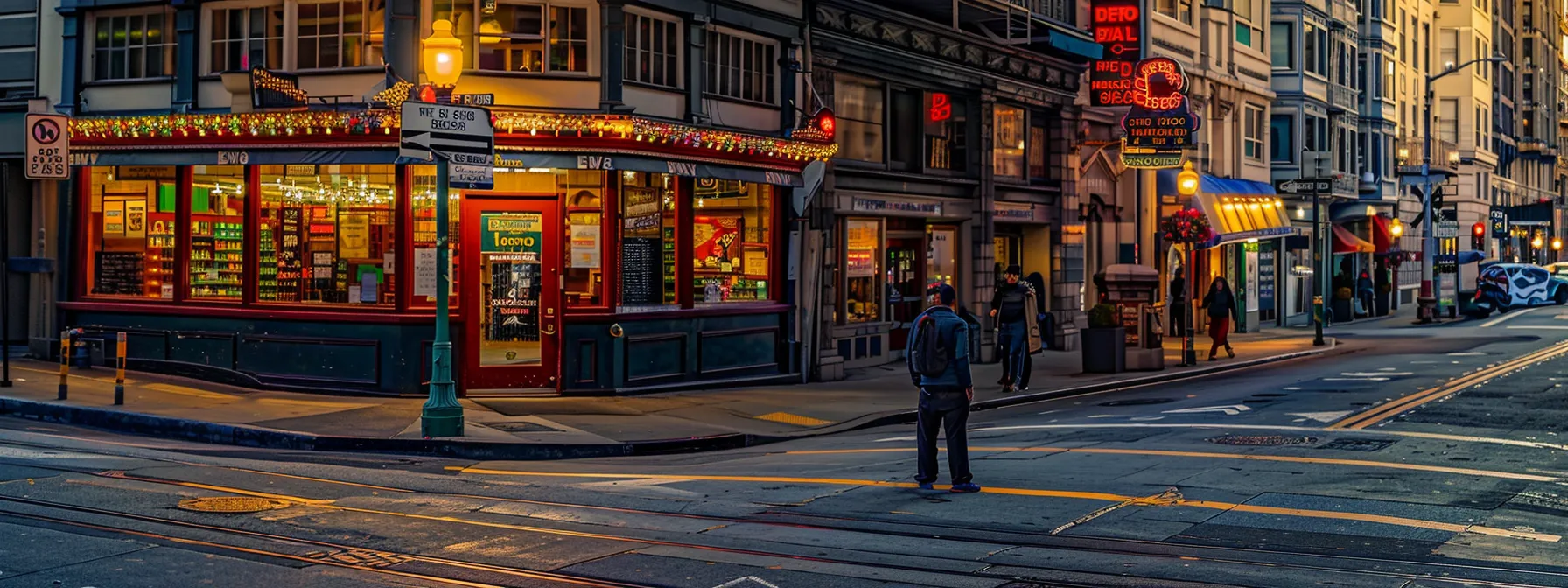 a person standing at a vibrant street corner in downtown san francisco, contemplating between renting and buying amidst the bustling city life near iconic landmarks.