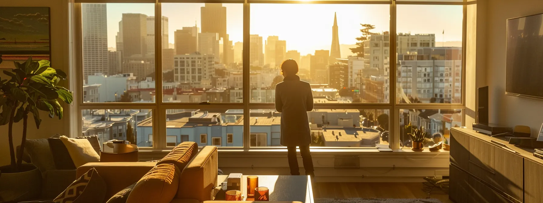 a person standing in a sunlit living room of a new home in san francisco, gently arranging essentials on a sleek, modern table, overlooking the vibrant cityscape through a large window. a person standing in a sunlit living room of a new home in san francisco, gently arranging essentials on a sleek, modern table, overlooking the vibrant cityscape through a large window.