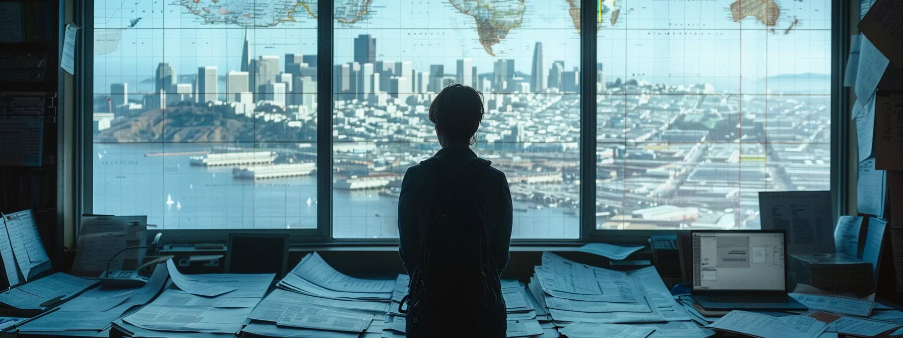 a person standing in front of a map of interstate highways, surrounded by legal documents and insurance paperwork, with a backdrop of san francisco's skyline visible through a window. a person standing in front of a map of interstate highways, surrounded by legal documents and insurance paperwork, with a backdrop of san francisco's skyline visible through a window.