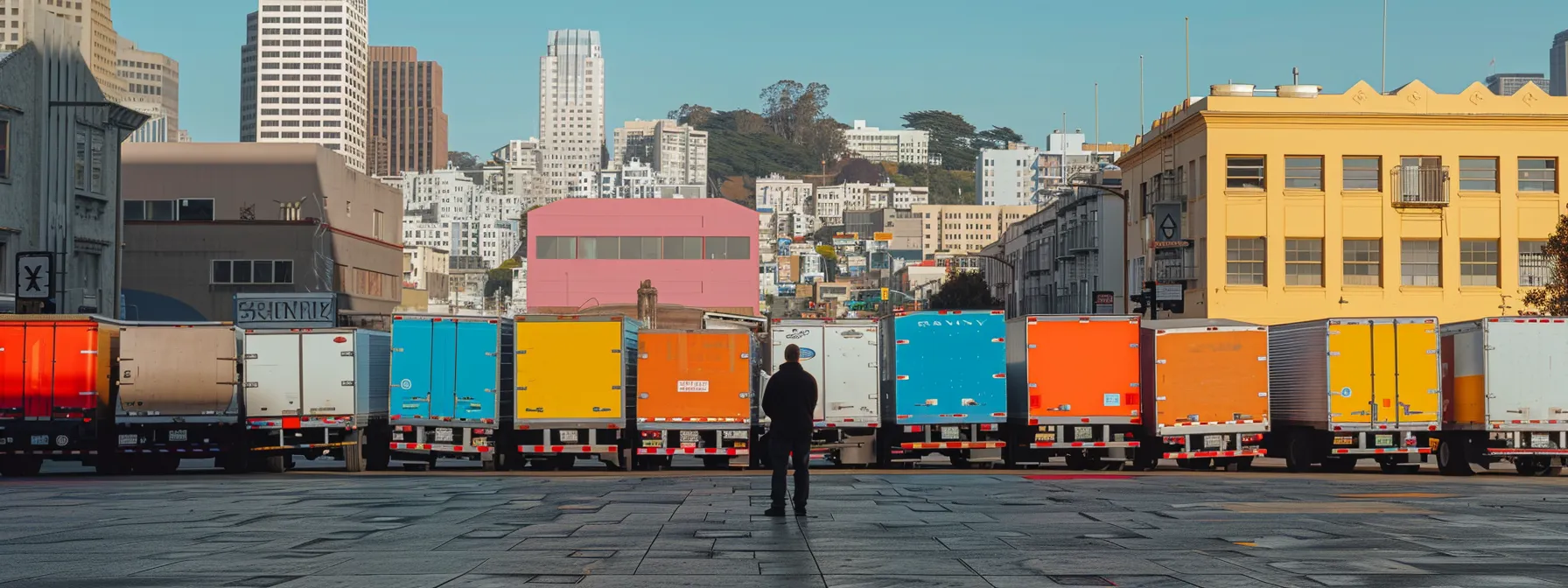 a person standing in front of a row of colorful moving company trucks, with downtown san francisco in the background.