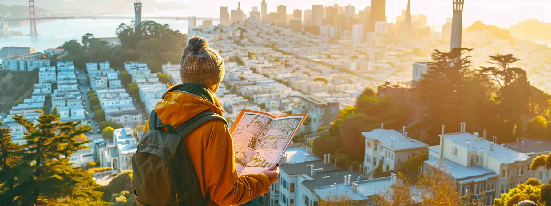 a person standing in front of coit tower, surrounded by the vibrant cityscape of san francisco, holding a budget planner and a map, ready to tackle the living expenses of the city.