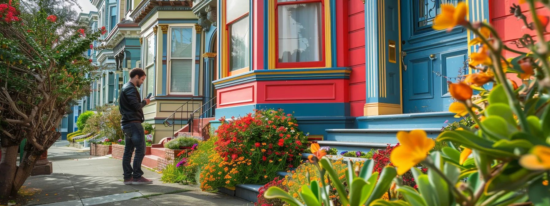 a person standing outside a colorful victorian house in san francisco, updating their address on a mobile phone with downtown san francisco visible in the background. a person standing outside a colorful victorian house in san francisco, updating their address on a mobile phone with downtown san francisco visible in the background.