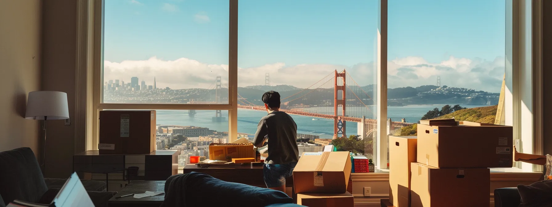 a person surrounded by boxes, setting up electricity, gas, and water services in a modern apartment with views overlooking the golden gate bridge in downtown san francisco.