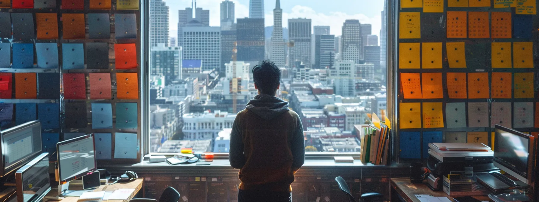 a person surrounded by color-coded calendars, folders, and computer screens, meticulously planning a long-distance move from san francisco with the cityscape in the background. a person surrounded by color-coded calendars, folders, and computer screens, meticulously planning a long-distance move from san francisco with the cityscape in the background.