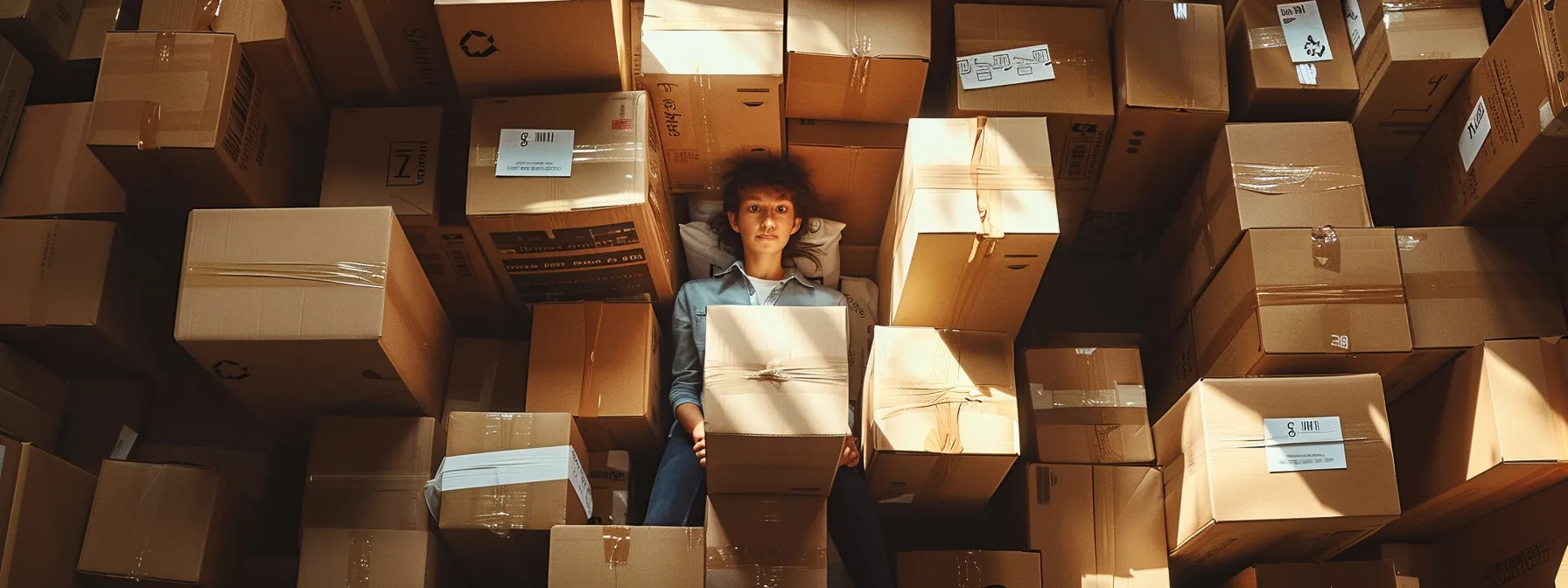 a person surrounded by labeled moving boxes, creating a sense of organization and readiness for relocation in san francisco. a person surrounded by labeled moving boxes, creating a sense of organization and readiness for relocation in san francisco.