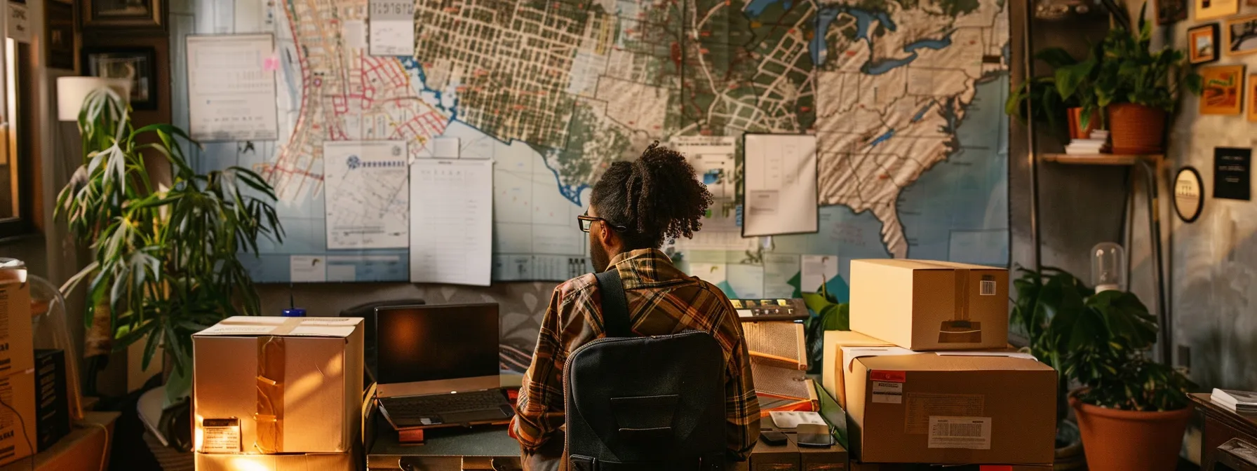 a person surrounded by moving boxes and a detailed timeline pinned on the wall, overlooking a map of san francisco neighborhoods, capturing the early planning stage of a stress-free relocation while situated in downtown san francisco. a person surrounded by moving boxes and a detailed timeline pinned on the wall, overlooking a map of san francisco neighborhoods, capturing the early planning stage of a stress-free relocation while situated in downtown san francisco.