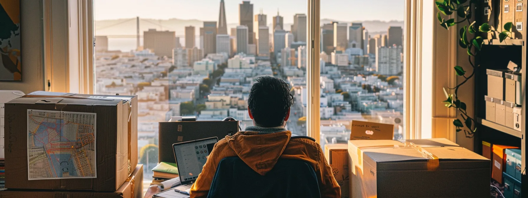 a person surrounded by moving boxes, a map of san francisco, and a calendar, carefully planning their move to the city while looking out at the iconic skyline. a person surrounded by moving boxes, a map of san francisco, and a calendar, carefully planning their move to the city while looking out at the iconic skyline.