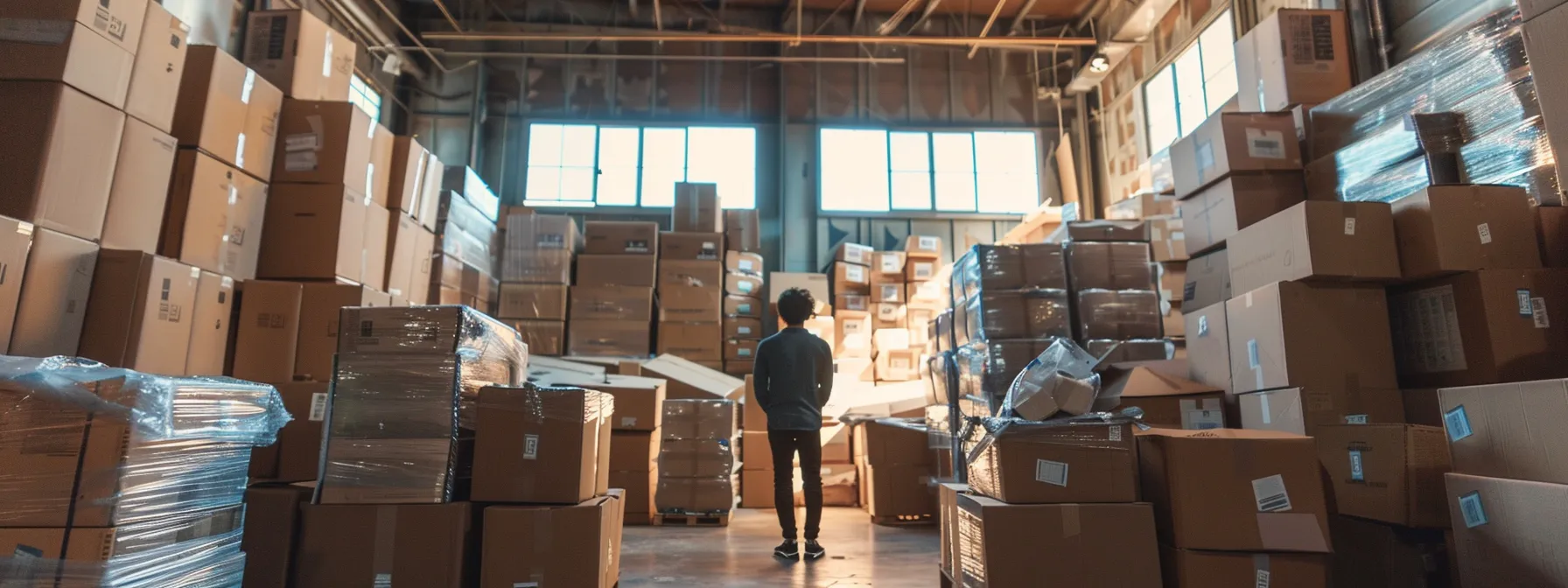 a person surrounded by stacks of moving boxes, packing tape, and bubble wrap in a spacious room in downtown san francisco.